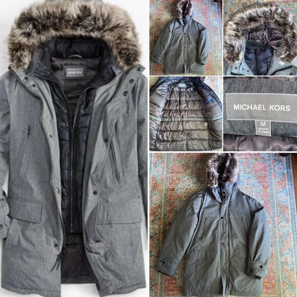 Michael KORS $349 Heather Mens Gray Parka Faux Fur MED NWOT - Picture 1 of 16